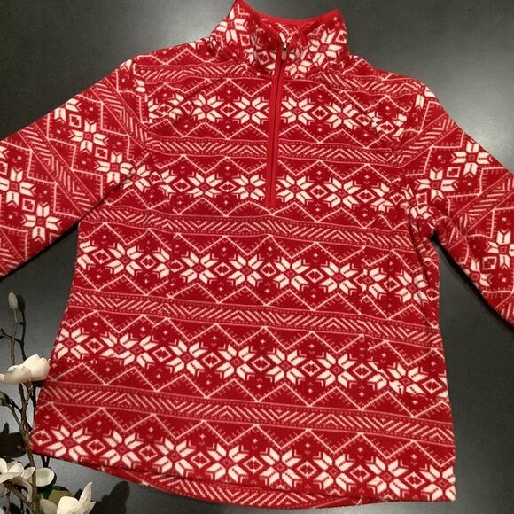 Lands’ End Fair Isle Snowflake Quarter Zip Fleece Pullover Lightweight Red White - Picture 7 of 14